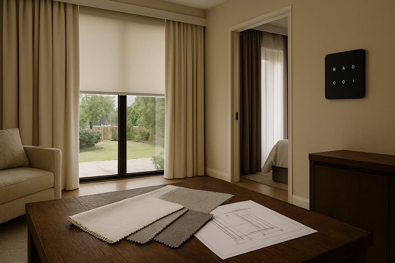 Elegant hotel lobby featuring modern smart window shades