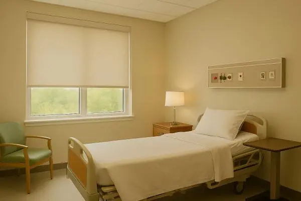Hospital patient room with privacy-focused window shades
