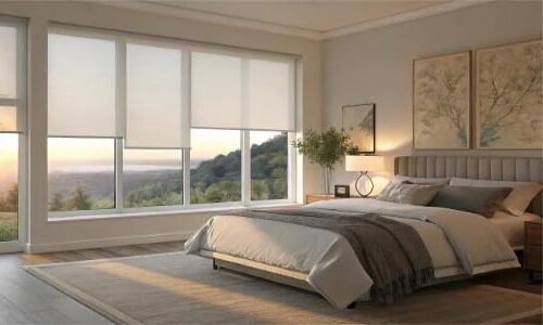 Roller shades in modern residential bedroom