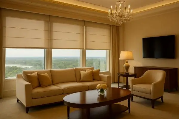 Modern apartment complex with coordinated window treatments