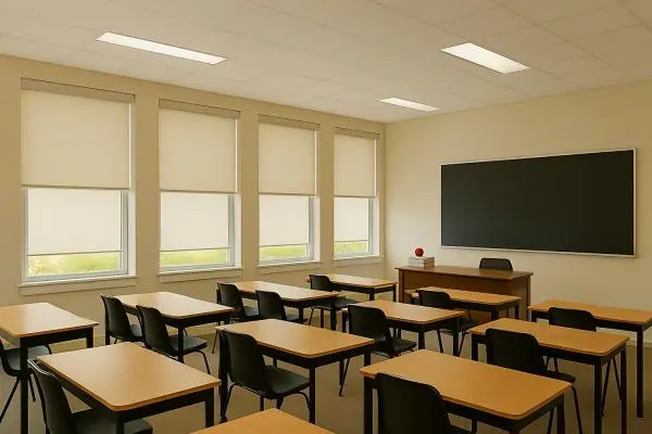 Modern classroom with safe, cordless window shades