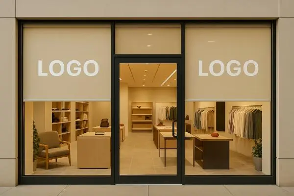 Modern retail store with branded window treatments