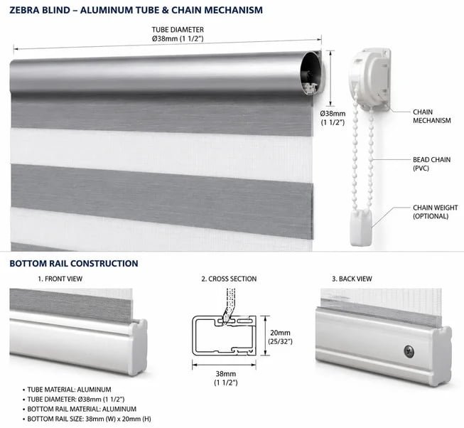 Shadesmart zebra blind aluminum tube and chain mechanism showing tube diameter and bottom rail construction