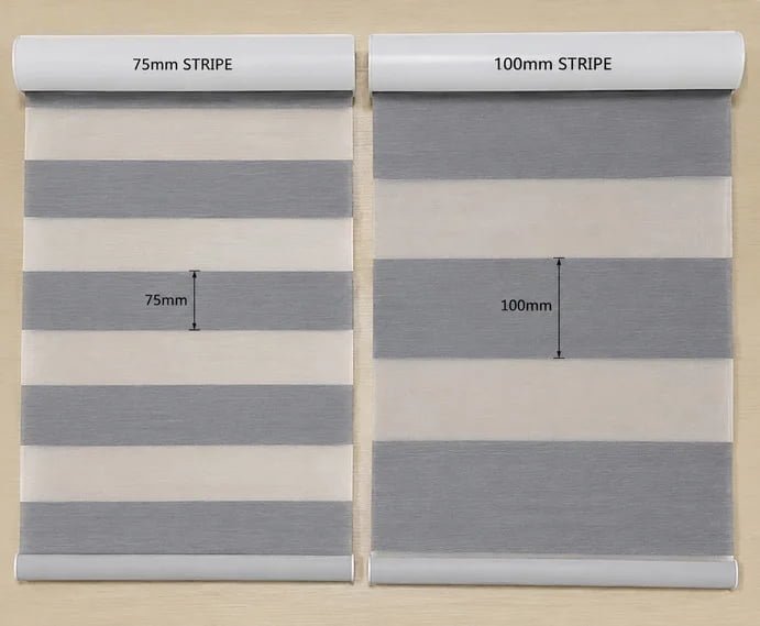 Shadesmart zebra blind fabric samples showing standard 75mm stripe width and 100mm wide stripe option
